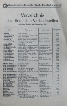 Brennabor "Verzeichnis der Verkaufsstellen" 1927 Automobilprospekt (8065)